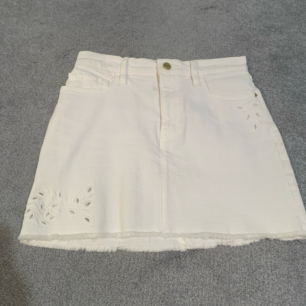 White Denim Skirt with Embroidered Details
